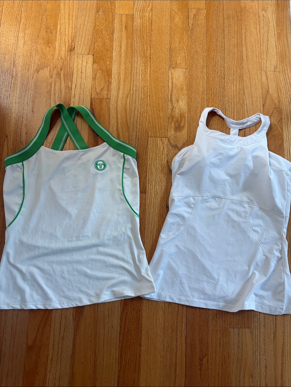White Tennis Tank with Green Trim (Left) & Plain White Racerback Tank (Right)